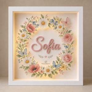 Tablou luminos personalizat pentru copii Grădină florală, cu nume și lumină LED caldă