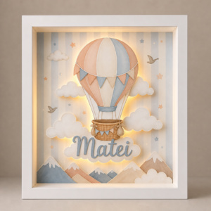 Tablou luminos personalizat pentru copii cu balon cu aer cald și nume