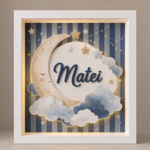 Tablou luminos personalizat pentru copii cu lună, stele și nume, iluminat cu LED cald