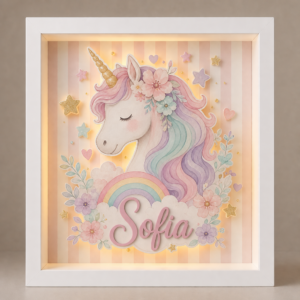 Tablou luminos personalizat pentru copii Unicorn Magic, cu nume și iluminare LED caldă