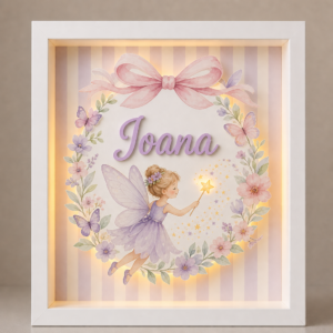 Tablou luminos personalizat pentru copii cu zână și baghetă magică, nume personalizat și LED cald