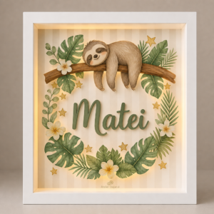 Tablou luminos personalizat pentru copii cu leneș tropical, nume și iluminare LED caldă
