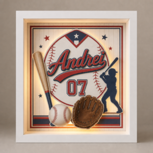 Tablou luminos personalizat pentru copii cu tematică baseball, nume și număr de jucător