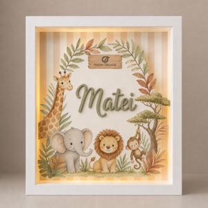 Tablou luminos personalizat pentru copii cu tematică Safari și nume, iluminat LED cald